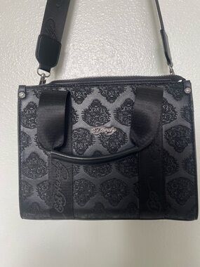 Ed Hardy Black Embossed Lion Satchel with Silver Logo
